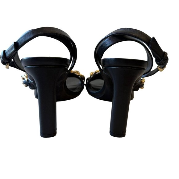 Zara Size 37 Strappy Square Toe Black Leather Sandal Gold Chain Heel Ankle Strap - Picture 12 of 12